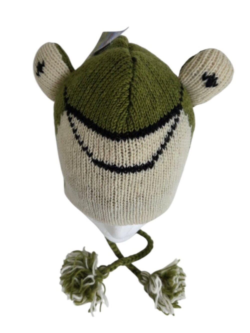 WOOL WINTER HAT Frog Theme Fleece Lined Knit Braided Ties Tassles Green 22"